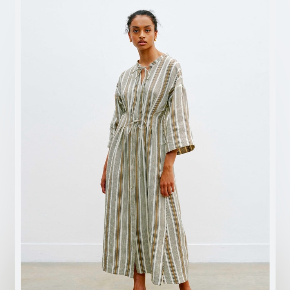 Teija Striped Midi Dress in Olive and Cream